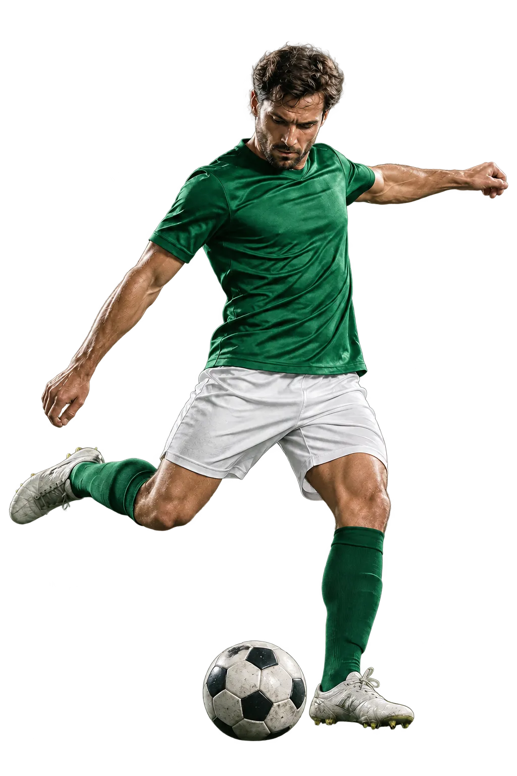 KI-generierter Fußballer in grünem Trikot beim Schuss