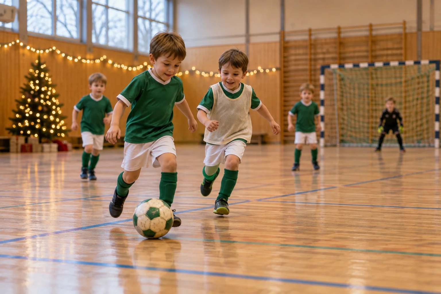 KI-generiertes Stimmungsmotiv: Kinder spielen fröhlich Hallenfußball vor einem Weihnachtsbaum und warmen Lichterketten