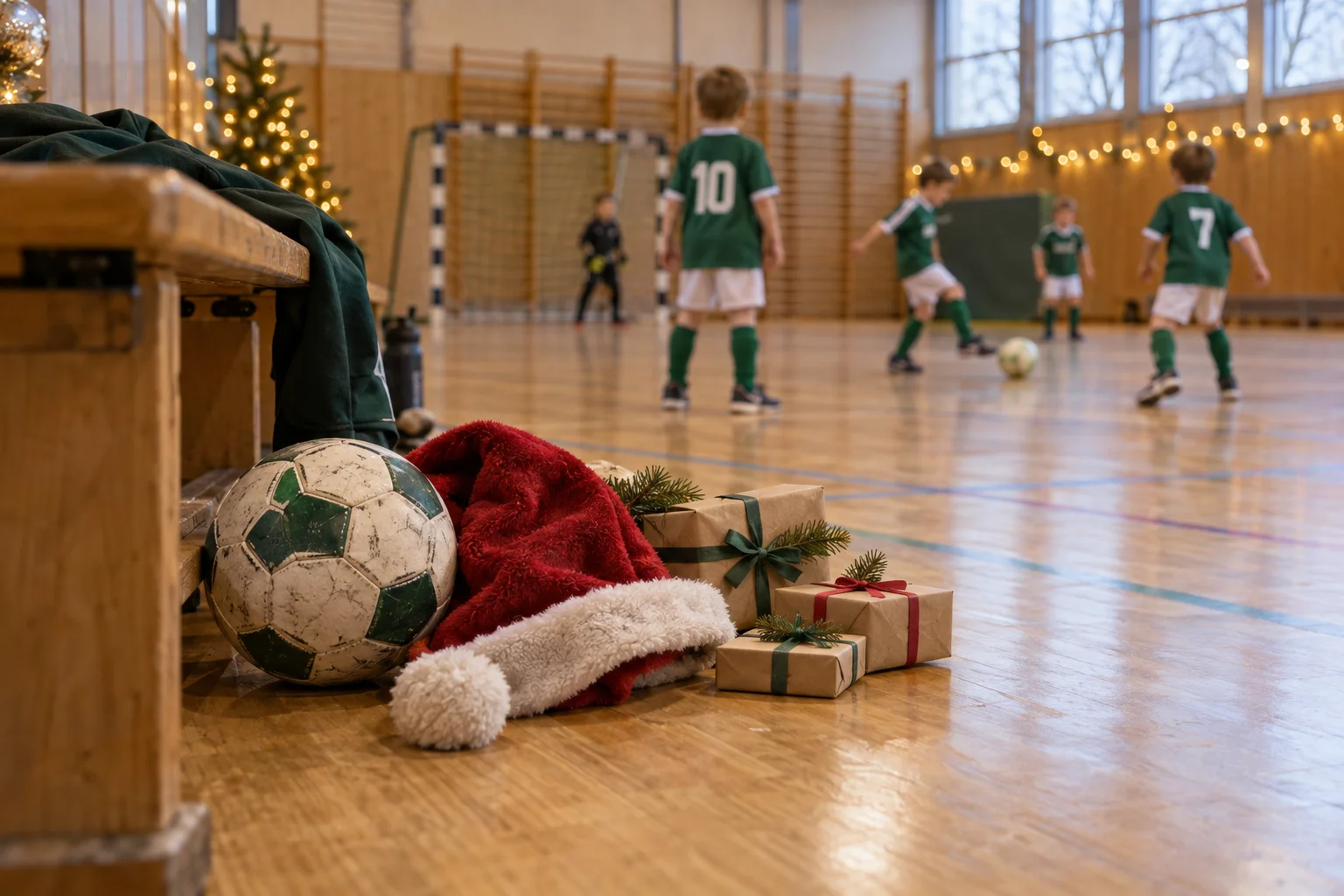 KI-generiertes Stimmungsmotiv: Fußball, Nikolausmütze und kleine Geschenke am Spielfeldrand einer weihnachtlich beleuchteten Sporthalle