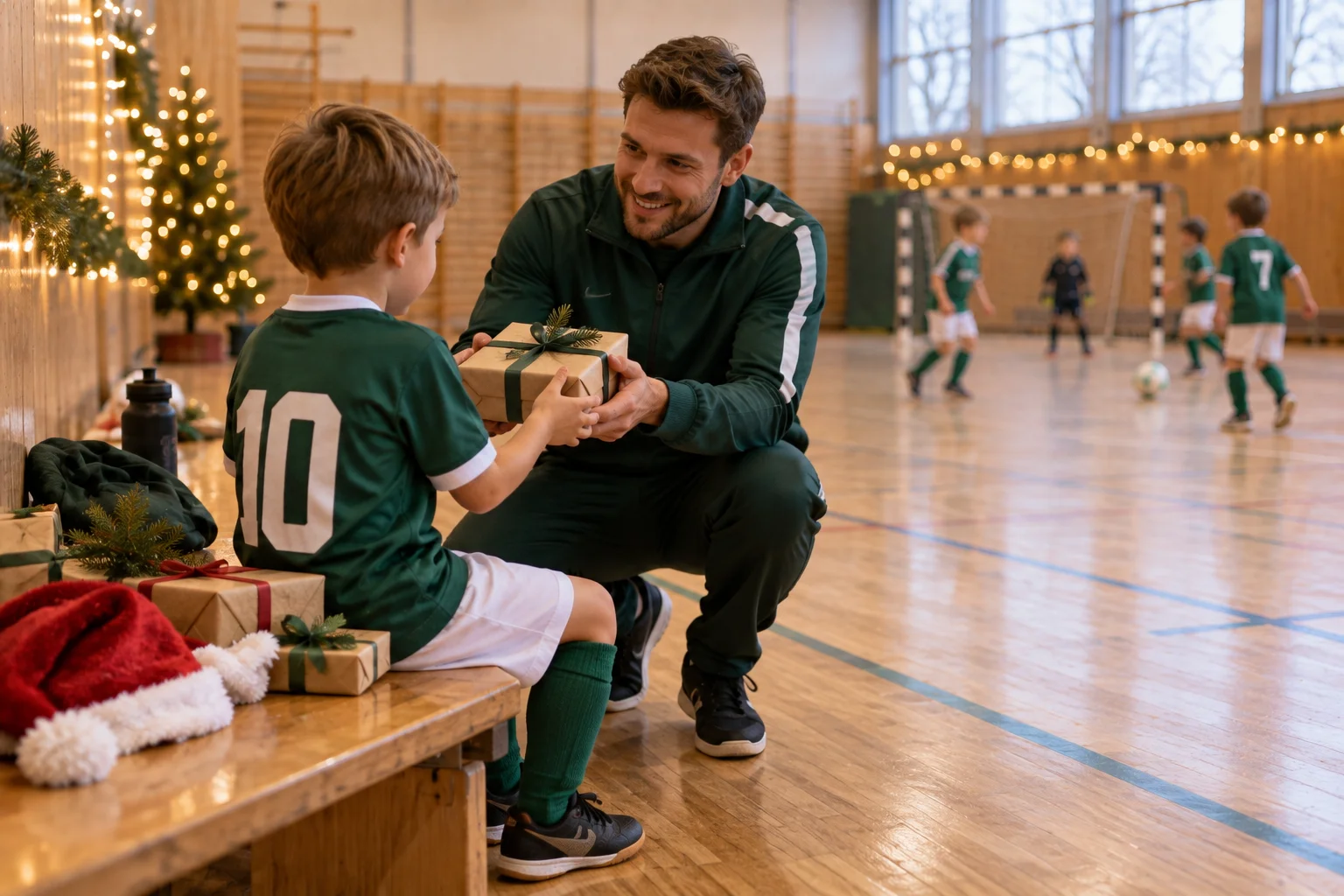 KI-generiertes Stimmungsmotiv: Ein Trainer überreicht einem Kind ein kleines, liebevoll verpacktes Geschenk