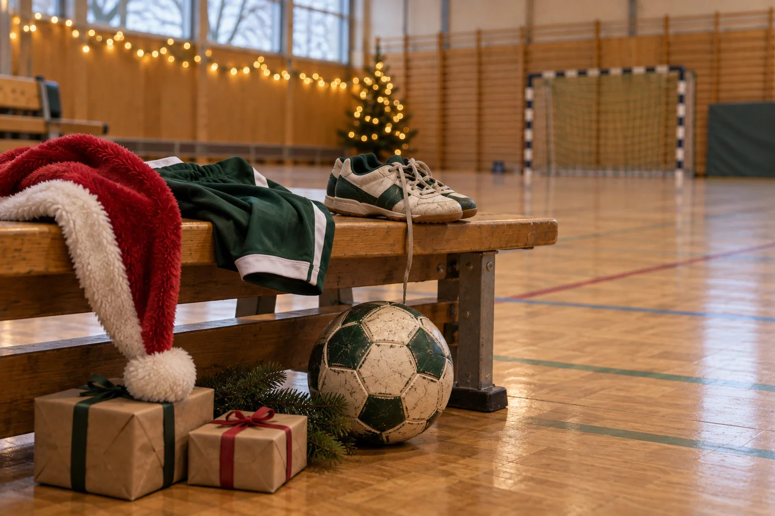 KI-generiertes Stimmungsmotiv: Kleine Hallenschuhe, ein grünes Trikot, ein Fußball und eine Nikolausmütze warten neben dem Spielfeld
