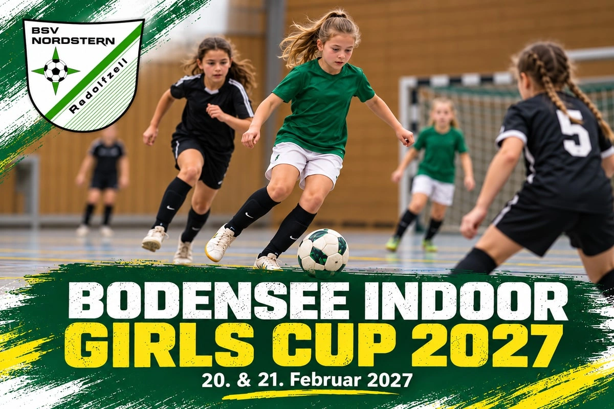 Turniermotiv Bodensee Indoor Girls Cup 2027 mit Mädchen beim Hallenfußball